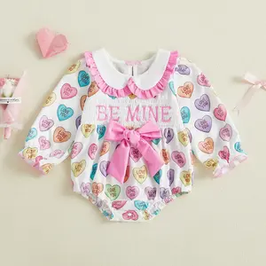 Infant Baby Girl Valentine's Day Romper Long Sleeve Smocked Letter Heart Print Romper with Bow Spring 0-18 Months