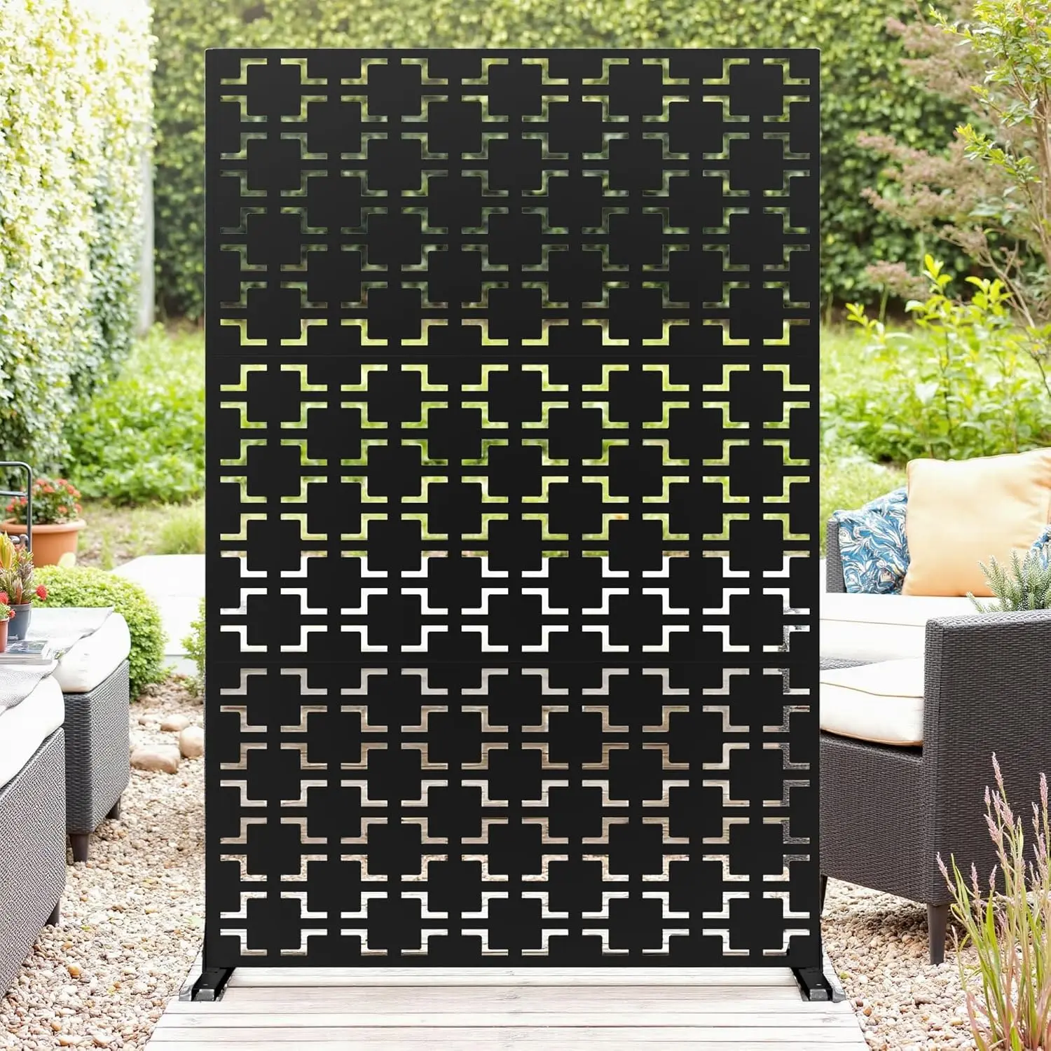 72" Metal Privacy Screen Outdoor Indoor Freestanding Privacy Wall Panels & Decorative Patio Dividers, 3-Panel Rustproof, Weatherproof Decorative Fence for Balcony, Patio, Garden & Deck (Black)