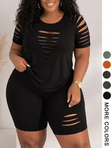 Plus Size Women's Ripped Design Sporty Round Neck Short Sleeve T-Shirt + High Waist Sporty Shorts, Casual Fashion Set, Street Style Sports Recommendation, Sportswear Set