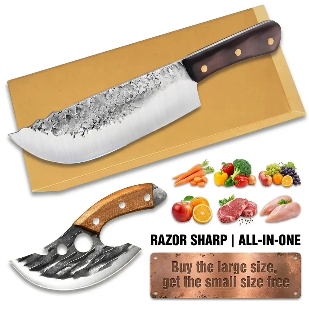 2 Pcs Hand Forged Knife Set Full Tang High Carbon Steel Butcher Chef Knife & Viking Boning Knife with Finger Hole Hammered Non-stick Ergonomic Wood Handle for Home Kitchen Meat Cutting Outdoor Camping BBQ Ideal Gift for Chefs Men Camping Lovers