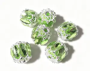 （NO.157) 6pcs 16mm Silver Filigree Round Beads with Light Lime Green Marquise Rhinestones -(Costume Jewelry Accessory for Keychains)