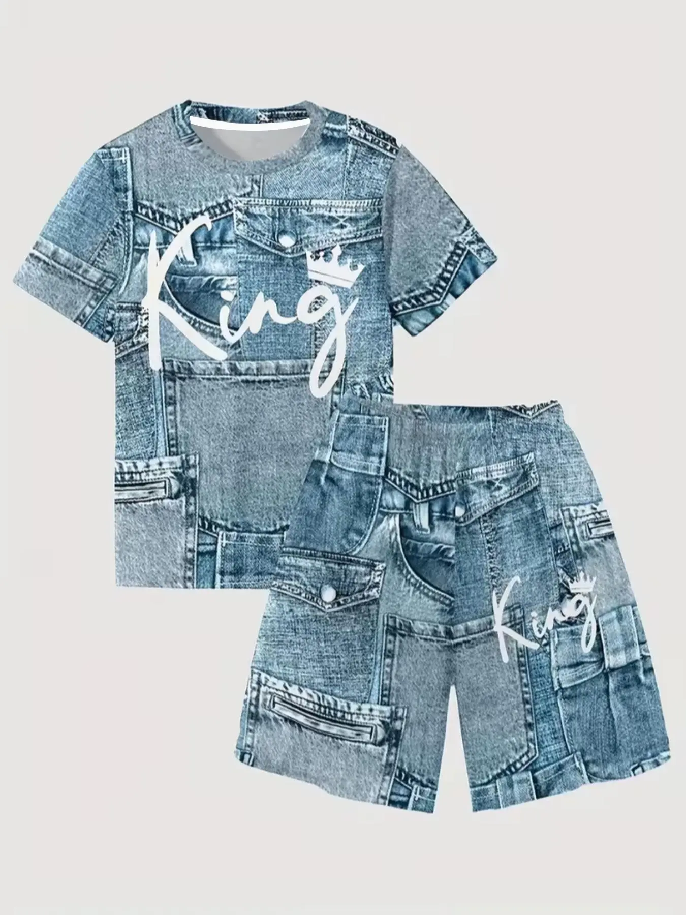Boys King Letter Print Faux Denim Set, Two-Piece Patchwork Design for Summer Casual Sport School Wear, Ideal Gift for Boys Clothes Kids, Graphic Print Set, Summer Clothing Set, Matching Set, Outfits Set