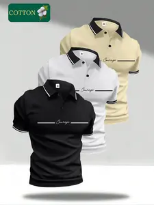 Men’s three-piece set featuring a premium cotton, skin-friendly polo shirt with a buttoned collar and “I love my girlfriend” personalized English-language graphic print; also includes a short-sleeve knit dress shirt suitable for summer workwear. Made from