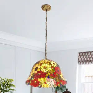 15.8 Inch Tiffany Style Wildflower Stained Glass Pendant Light, 2-Light E26 Base with Warm Bulbs Included, Antique Bronze Wrought Iron Frame, Adjustable Hanging Chain, Farmhouse Rustic Hanging Light for Kitchen Island Dining Room Bedroom