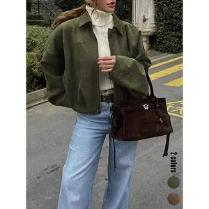Women’s suede leather jacket, coffee-colored synthetic leather bomber jacket, oversized batwing sleeves, casual sporty style, retro, TikTok trend GARMENTARY