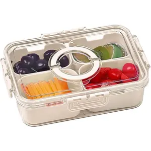 Small Snackle Box Container with Lid, 4 Compartment Travel Snack Container with Handle, Divided Serving Tray with Lid, Portable Snack Box for Candy, Fruits, Nuts, Snacks, Veggies