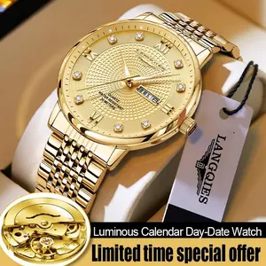 LANGQIES Elegant Men's Watch with Swiss Movement 42mm Dial Sapphire Crystal Stainless Steel Luminous Water-Resistant Dual Calendar Design