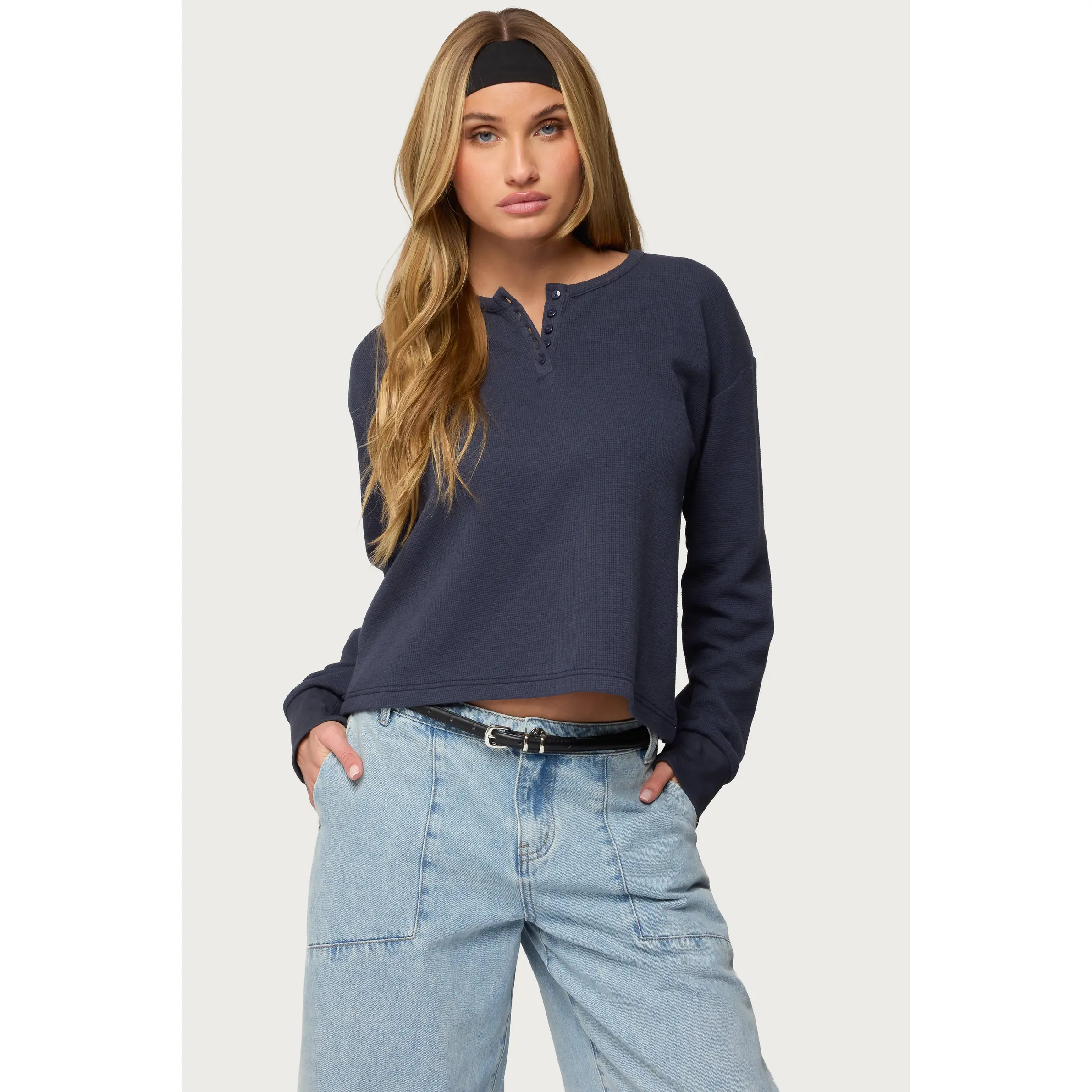 Deni Long Sleeve Henley Waffle Top