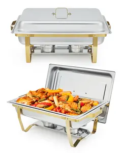 GARVEE Set of 2 8QT Stainless Steel Chafing Dishes with Lids and Foldable Frames, Rectangular Buffet Servers and Food Warmers in Gold for Weddings, Parties, and Catering Supplies