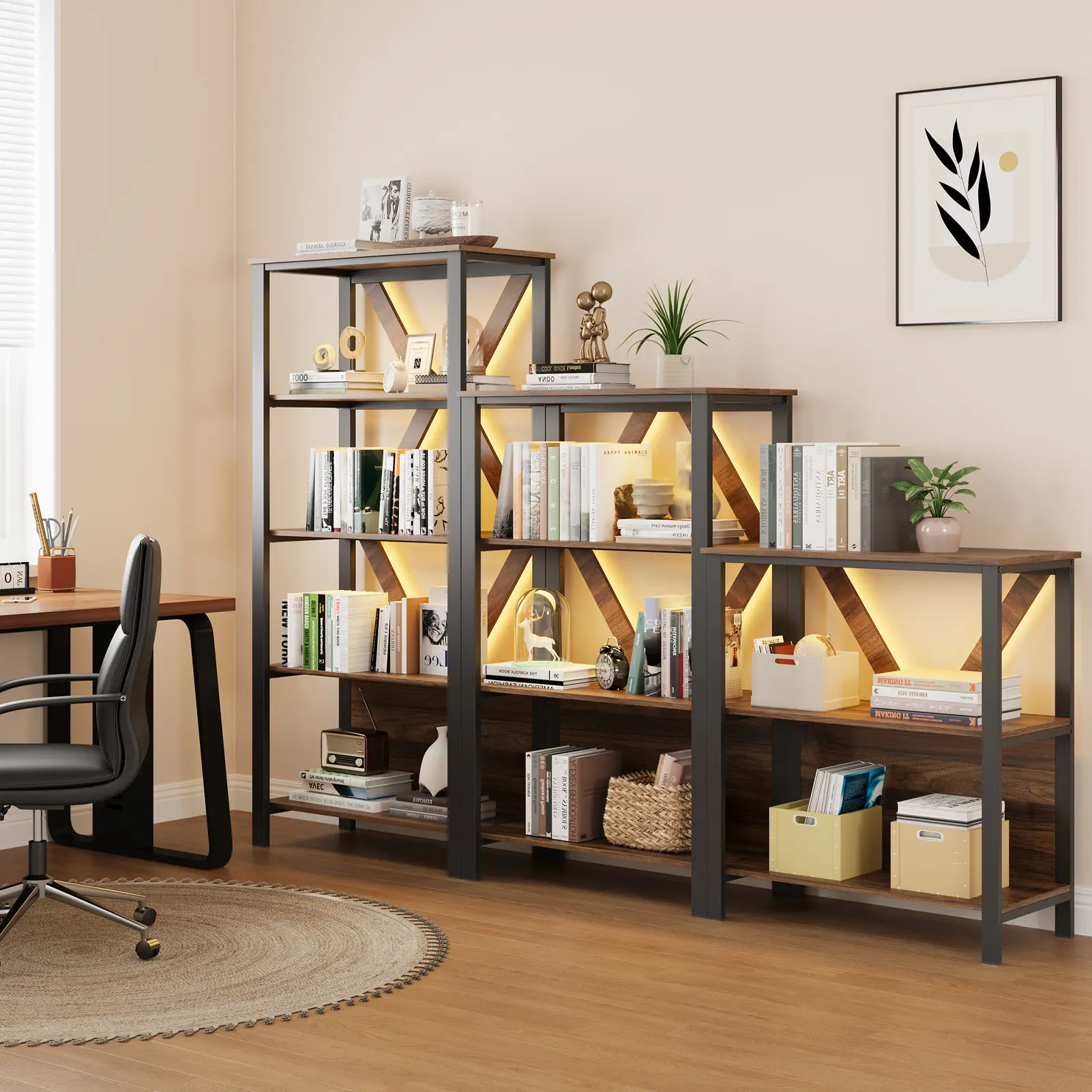 3-Tier Industrial Bookshelf, Wood & Metal Frame with Adjustable RGB LED Lights, App-Controlled Freestanding Open Storage Shelf for Home Office, Living Room & Bedroom