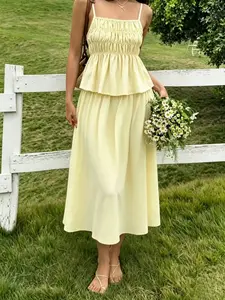 2-Piece Minimalist Ruched Halter Top and Flowy A-Line Skirt Set, Chic, Perfect for Dates, Travel, Daily Wear, Office Commute