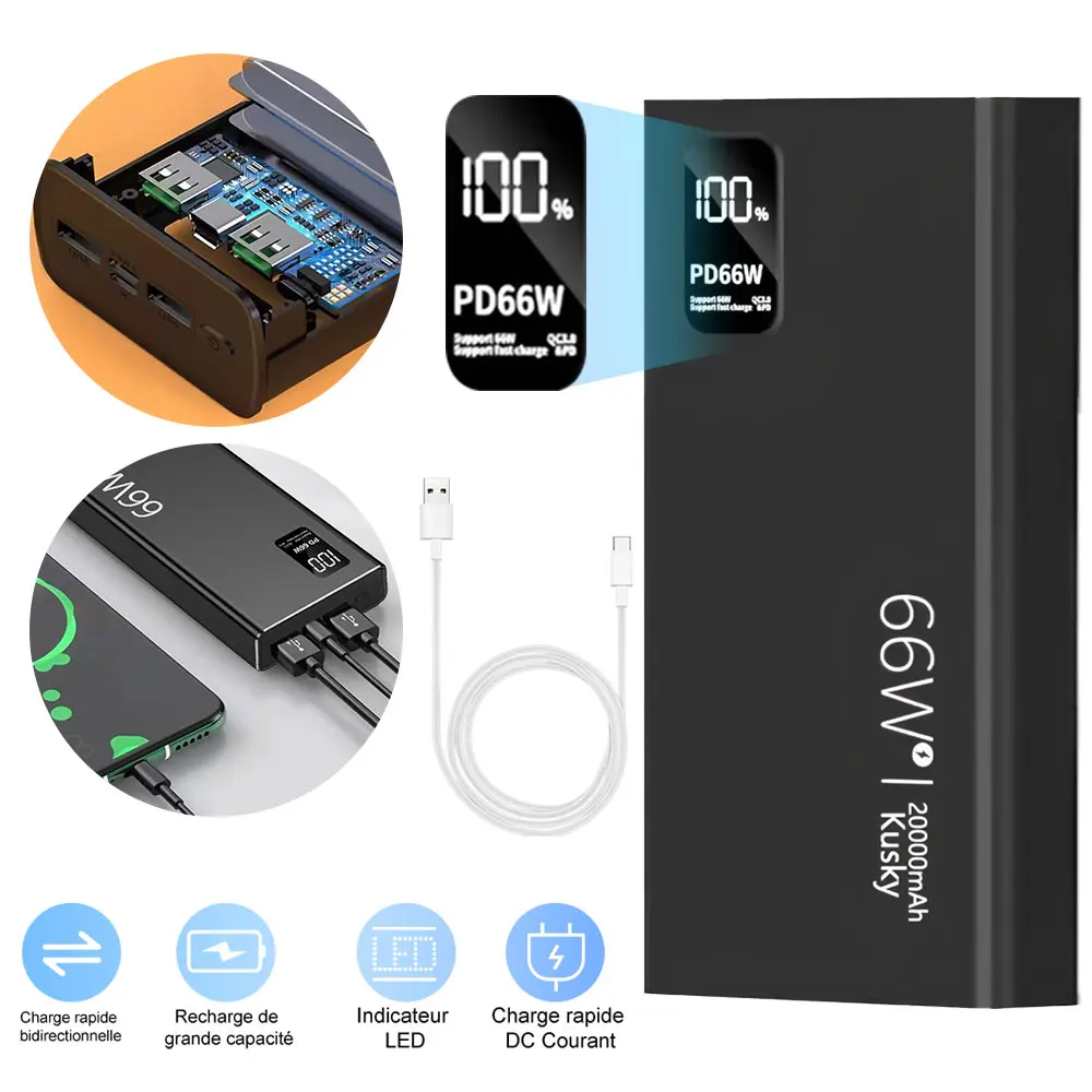 【Back To School Gift】20000mAh Power Bank 66W, Super Fast Charging Portable Charger PD 20W & QC 3.0, Two-Way Fast Charge USB C Battery Pack with LED Digital Display, High Capacity External Battery for iPhone Samsung iPad Laptop