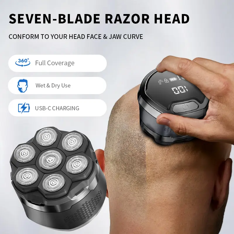 KOMINGDON 7-Blade Magnetic Levitation Electric Shaver for Men, IPX7 Waterproof Wet & Dry Cordless Groomer for a Smooth Head & Body Shave with USB-C Fast Charging, Cordless Shaver, Smooth Shave, Carbon Steel, Batteries Built-In