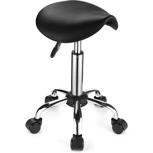 Saddle Rolling Stool with Wheels PU Leather Height Adjustable Swivel Stool Chair Black