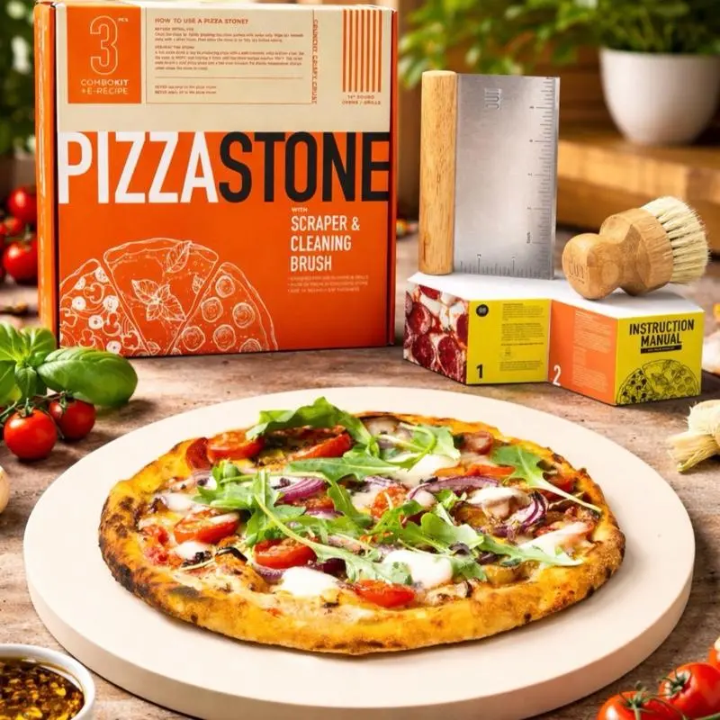 14" Round Stainless Cordierite Pizza Stone, Heavy-Duty Kitchen Cookware Pan Set Including Pots Pan Set for Grilling & Pizza Oven