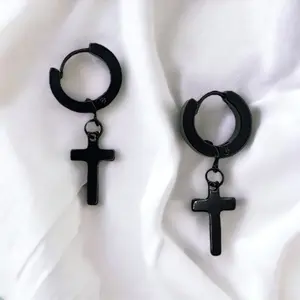 Cross Hoop Earrings | Stainless Steel | Dangling | Gold | Black | Gift