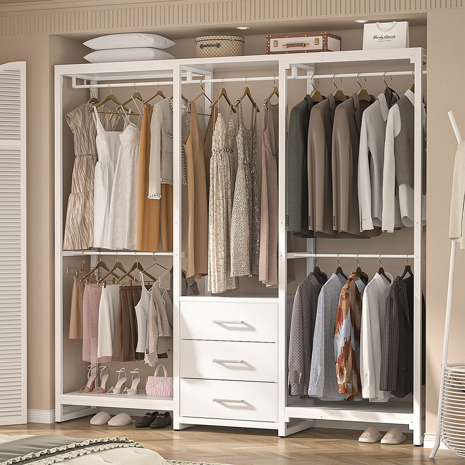 Freestanding Metal Garment Rack with Fabric Drawers, Heavy Duty Corner Closet System Clothes Rack with Hanging Rods, Wardrobe Rack,Space-Saving