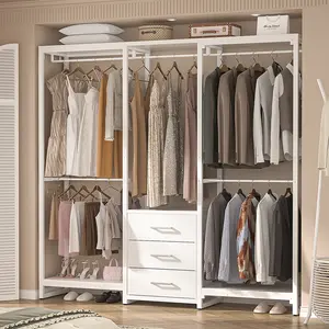 Freestanding Metal Garment Rack with Fabric Drawers, Heavy Duty Corner Closet System Clothes Rack with Hanging Rods, Wardrobe Rack,Space-Saving