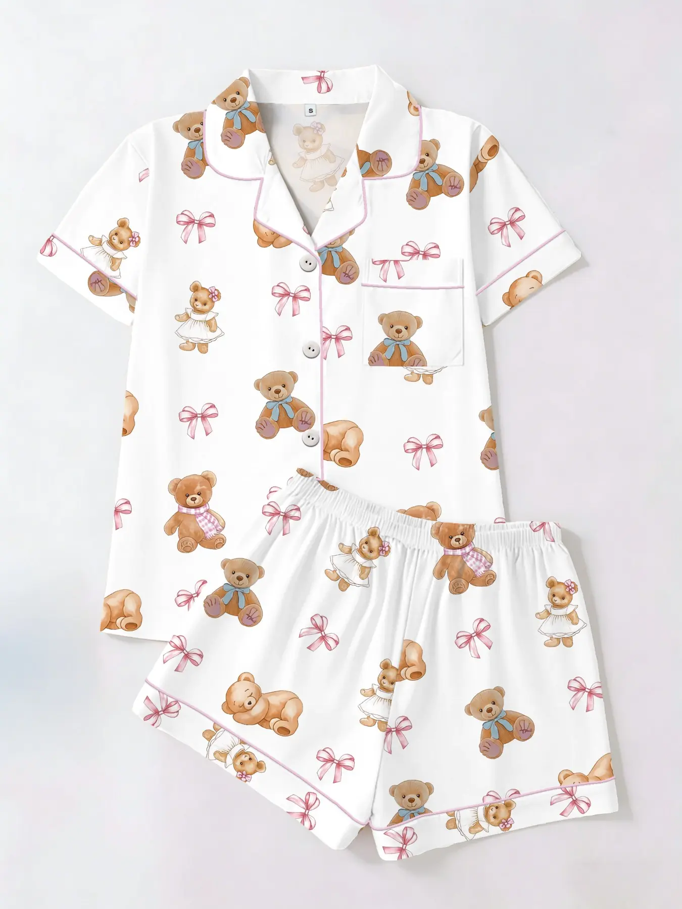 Cute Bear Bowknot Print Soft Pajama Set Pjs Nightwear Pyjamas, Short Sleeve T-Shirt & Shorts Cardigan Two-Piece Matching, Casual Fitted Homewear Loungewear for All Seasons