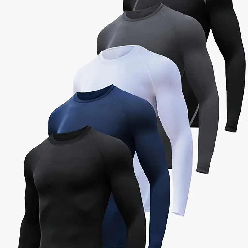 Men's 5-Pack Fitted Tight Sleeve Long Sleeve Compression Sports T-Shirt, 85% Poly 15% Spandex Flexes with You, Gym-To-Yoga Fit Athletic Fitness Clothes for Gym Cycle