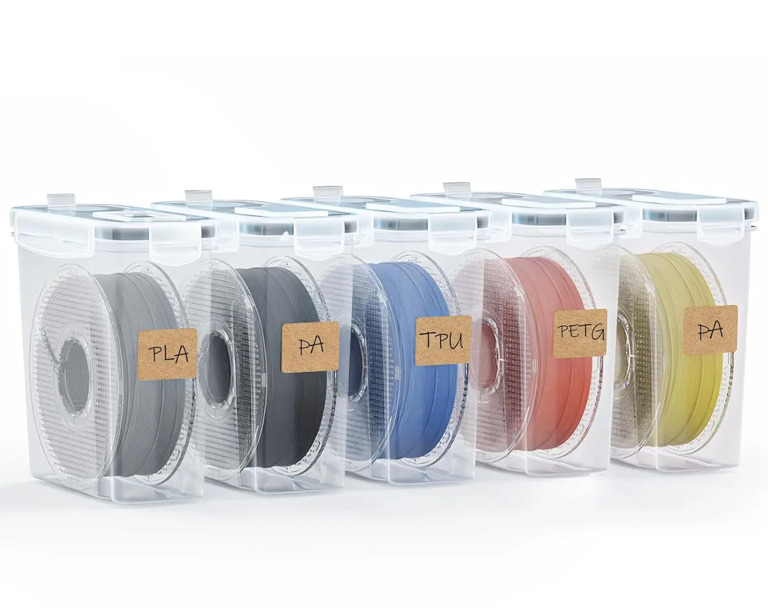 5-Pack Synthetic Universal Fit Transparent 3D Printer Filament Storage Organiser Boxes, 4.0L Waterproof Dustproof Sealed Flip Top Containers with 500g Desiccant & Labels, Portable Office Supplies (9.03*8*3 in), Home Supplies, Rectangle