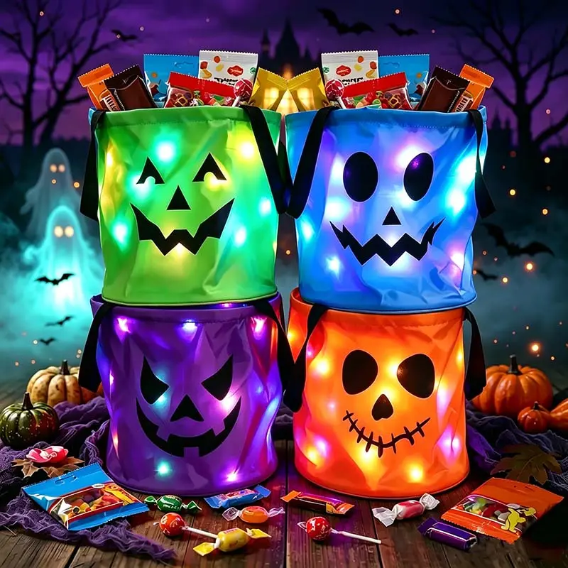 LED Halloween Pumpkin Candy Buckets & Non-Woven Tote Bags (3/4 Pcs) - Reusable Trick-or-Treat Gift Bags for Kids - Collectible Party Favors & Home Outdoor Decor