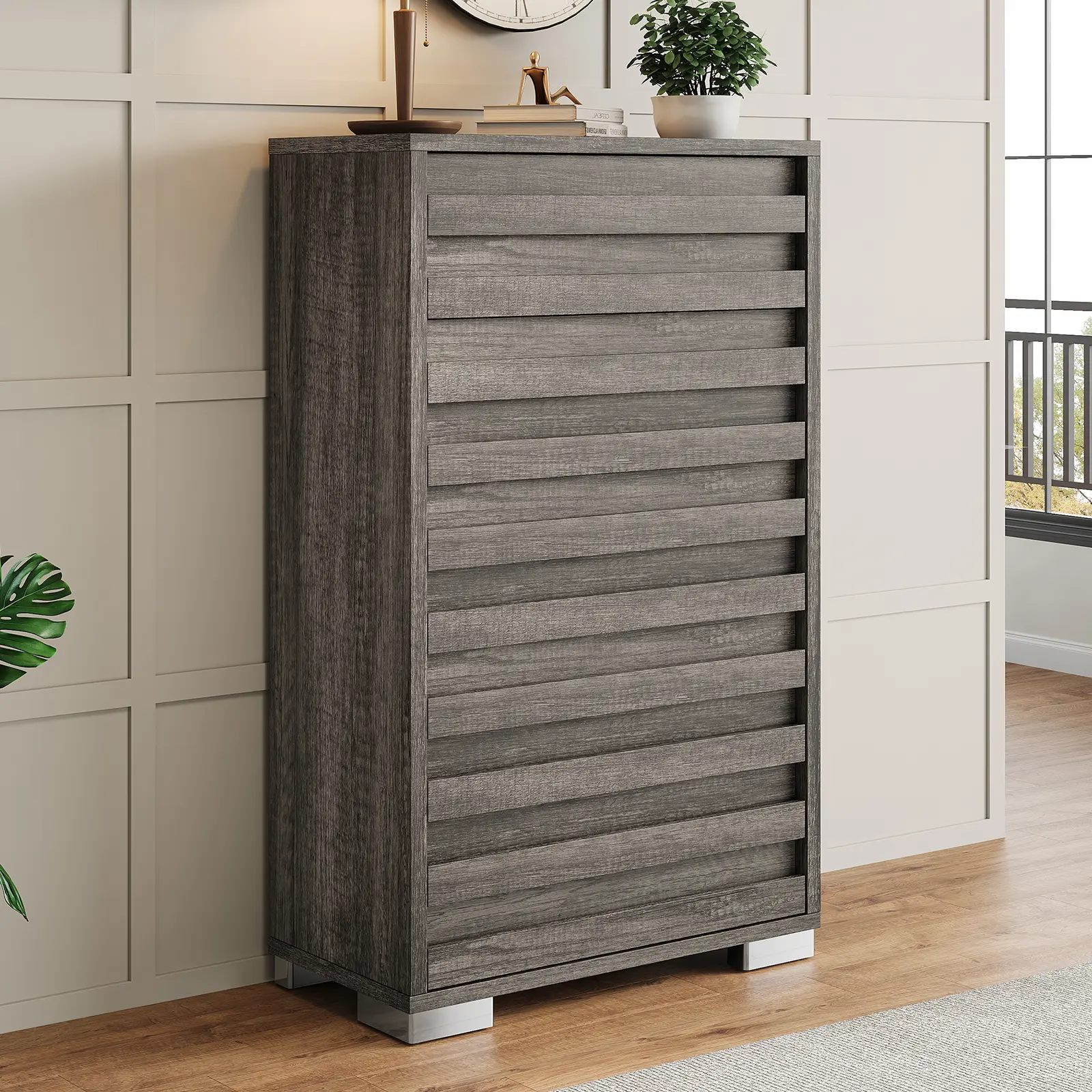 Farmhouse 5 Drawer Dressers for Bedroom, Tall Dressers with Slat Handles & Quick Install with Pre-installed Slide, Wood Chest of Drawers