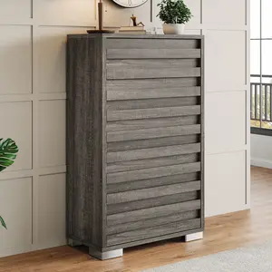 Amerlife Farmhouse 5-Drawer Wooden Dresser - Tall Drawer Cabinet with Slat Handles, Pre-Installed Slides for Quick Installation, Ideal for Bedroom, Living Room, Wooden Drawer Dresser