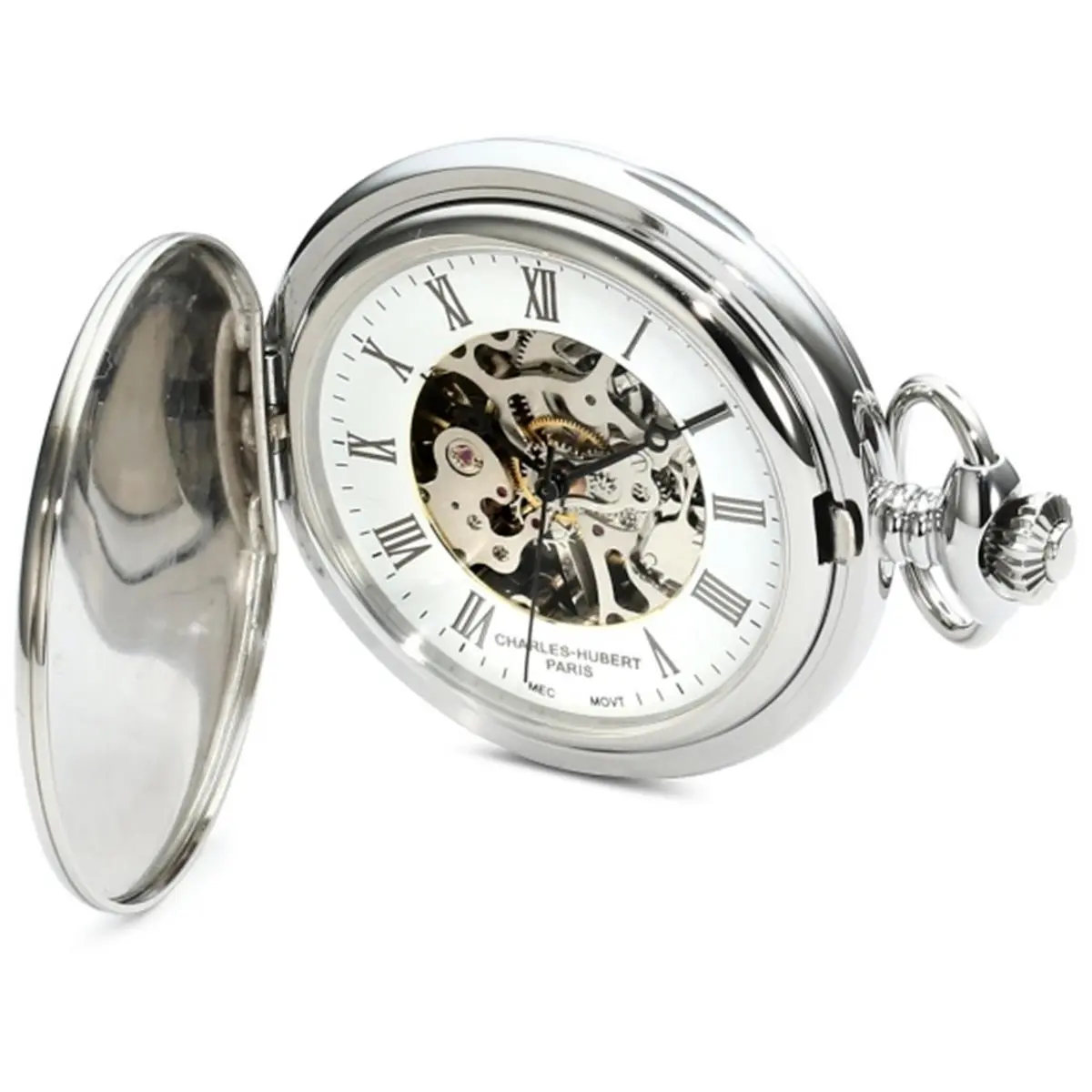212 MAIN Traditional Unisex Charles-Hubert Paris Stainless Steel Mechanical Pocket Watch - White Skeleton Dial, Engravable Back, Gift-Boxed