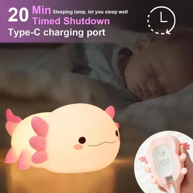 Kawaii Axolotl Silicone Night Light, Touch Dimmable Rechargeable Squishy Animal Bedside Lamp, Cute Pink Nursery Decor Light for Kids Girls Teens