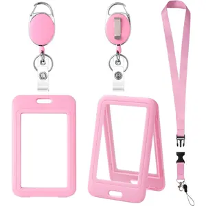 Retractable ID Badge Holder with Retractable Reel & Detachable Lanyard Clip, Double-Sided Clear Card Holder, Easy-Release Buckle Key Card Protector for Office Teacher Nurse Student Women, Pink Vertical