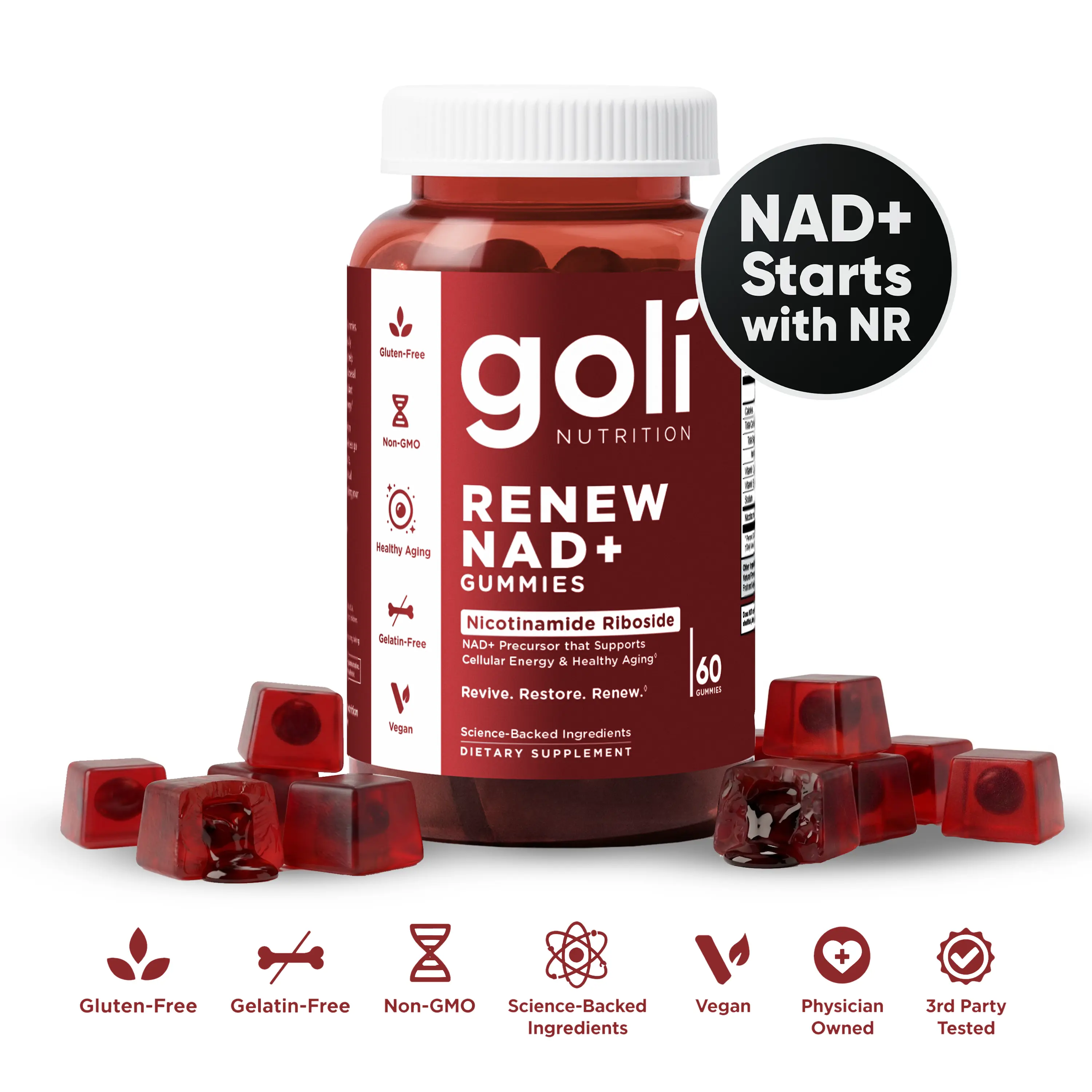 Goli Renew NAD+ (NR) Gummies. Clinically Studied NR Nicotinamide Riboside, Healthy Aging & Cellular Energy. Gluten Free, Non-GMO, Gelatin-Free, Vegan.