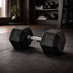 Rubber Encased Hex Dumbbell, 50Lbs, Single