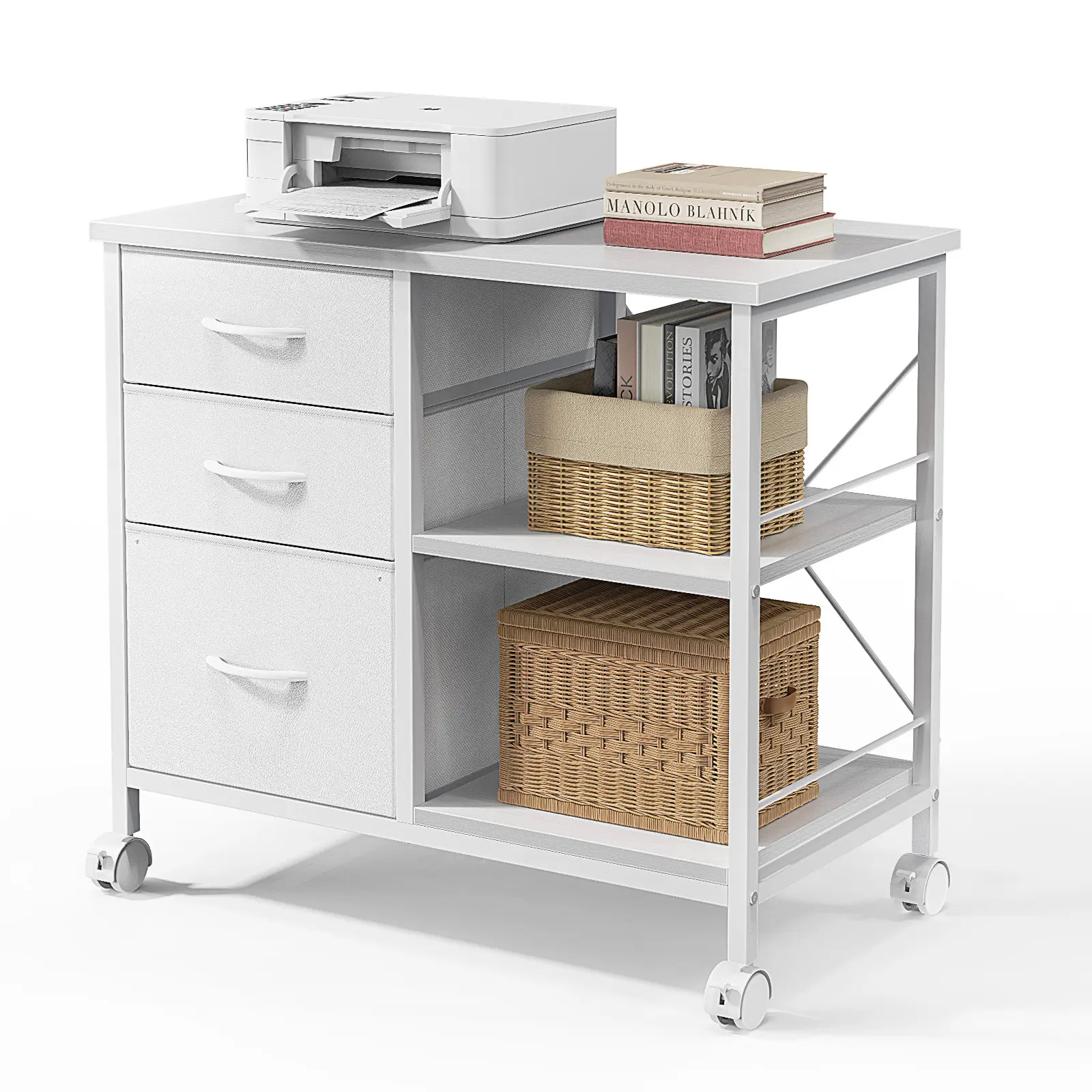 3-Tier Mobile File Cabinet, Printer Stand with Storage, Office Table with Drawers and Back Support Bar, Holds 110lb for Home Office