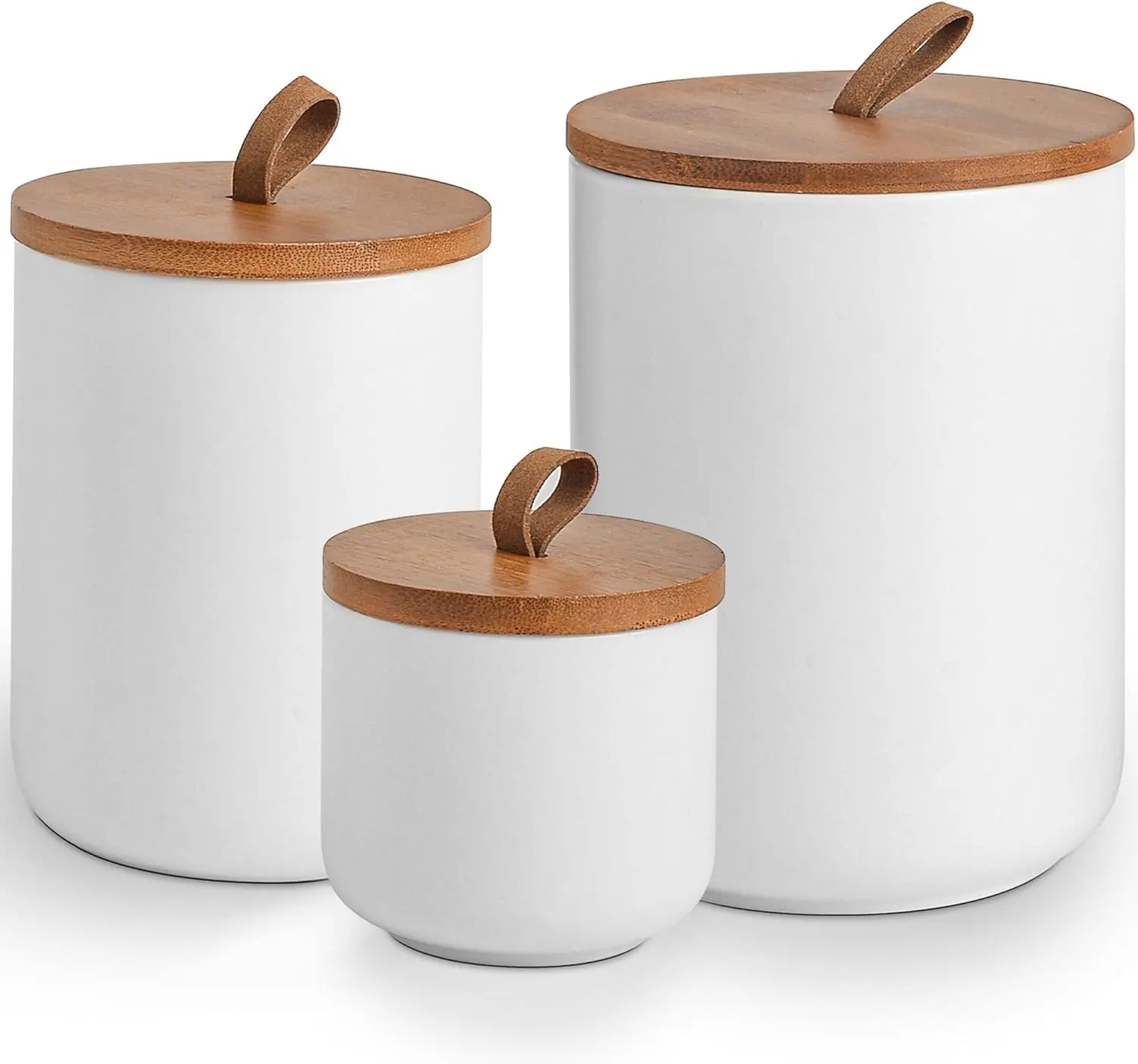 3-Piece White Glazed Ceramic Canister Set with Bamboo Moisture-Block Lids, Multi-Size Airtight Kitchen & Bathroom Storage Jars with Wide-Mouth Scoop, Small-Medium-Large Sealable Organizer Supplies for Flour, Sugar, Coffee