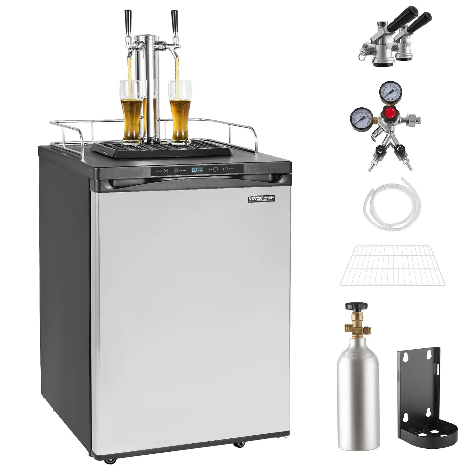 VEVOR Beer Kegerator, Dual Tap Draft Beer Dispenser, Full Size Keg Refrigerator With Shelf, CO2 Tank(No Gas), Drip Tray & Rail, 23°F- 82.4°F Temperature Control, 162L, Silver