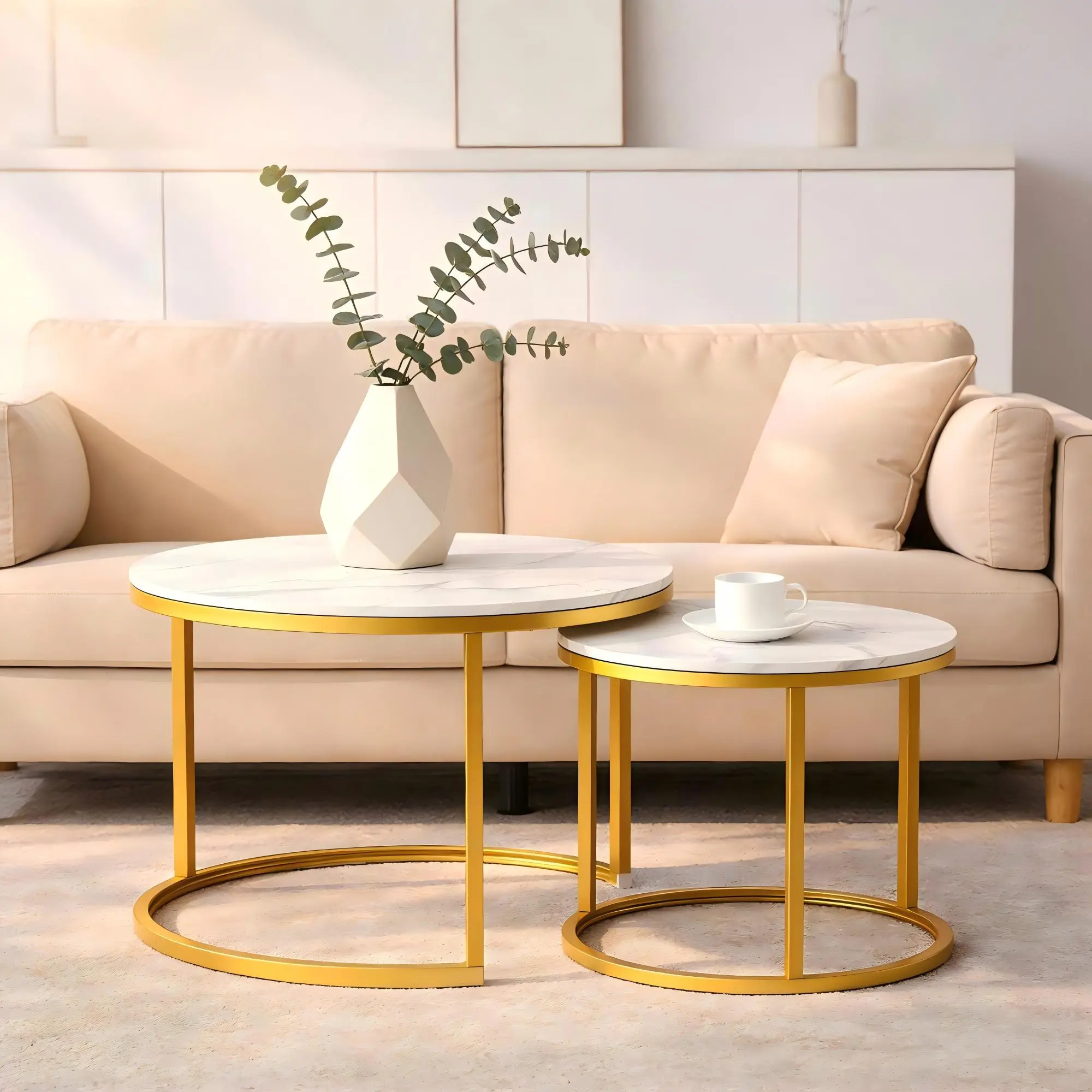 2-Piece Round Nesting Coffee Tables - Romantic Round Design, Sturdy MDF & Metal Construction, Space-Saving Stackable Tables with Adjustable Legs, Quick Setup for Small Living Room, Minimalist Bedroom, Coffee Table