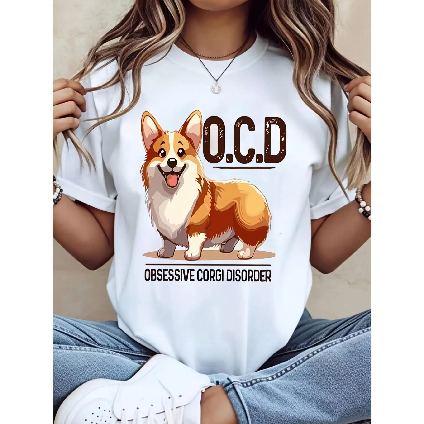 Soft Cotton Women's T-Shirt with 'Obsessive Corgi Disorder' Funny Graphic, Casual Crew Neck Top, Gift for Dog Moms, Tops, Hang Dry, Do Not Bleach, Loose-Fitting, 4Xl, Machine Washable, Short Sleeve, Tumble Dry