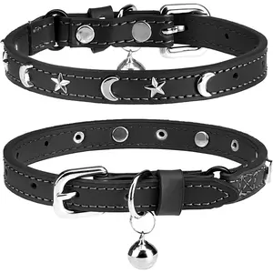 Leather Cat Collar with Bell – Adjustable Star & Moon Studded Design, Safety Elastic & Buckle for Small to Large Cats (Black)
