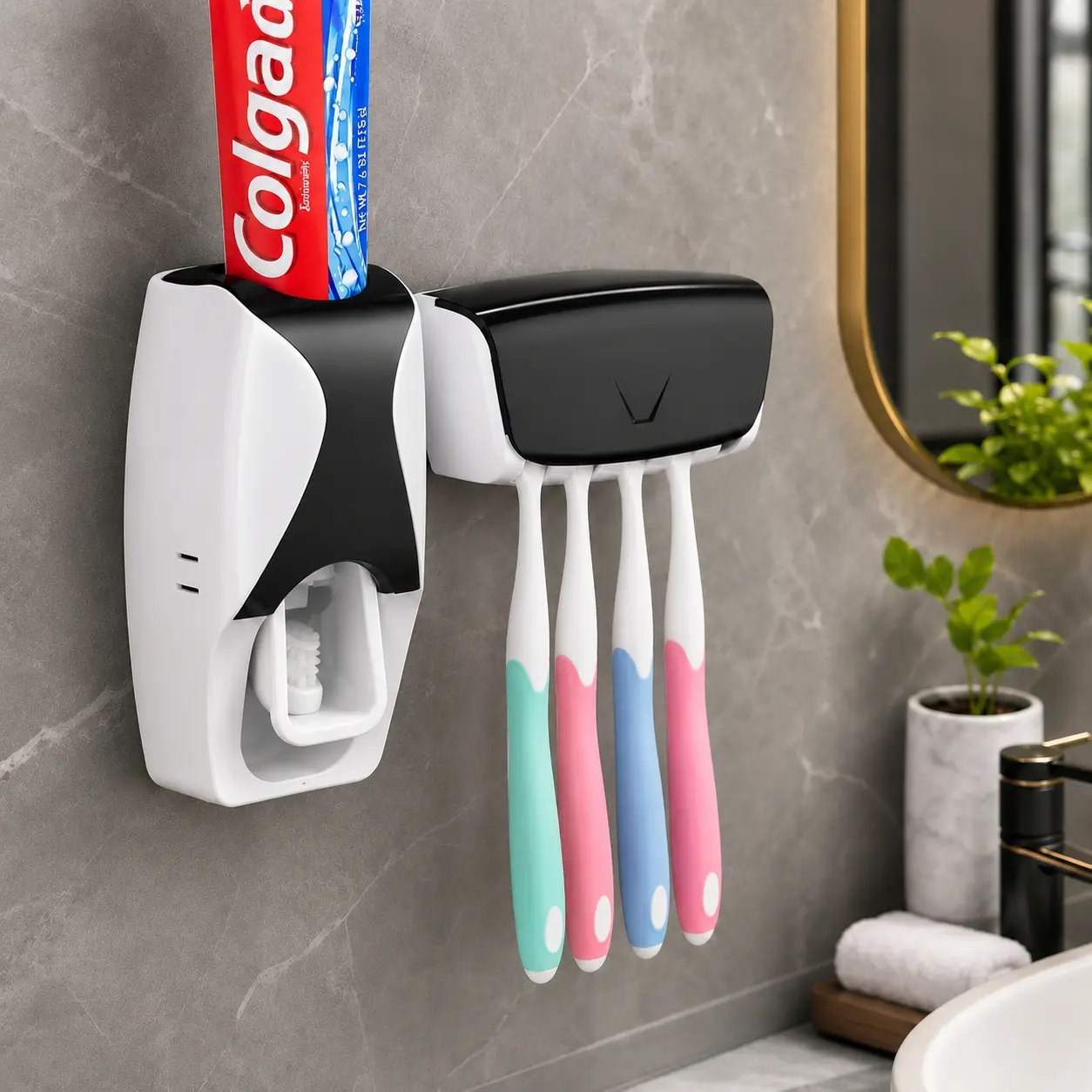 Automatic Toothbrush Dispenser Wall Mount Toothpaste Squeezer and Toothbrush Holder Set for Kids Family Bathroom Use (Black) Organiser