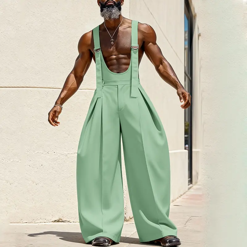INCERUN Men Sleeveless Strappy Bib Dungarees Rompers Casual Jumpsuits Summer High Waist Wide Leg Pants Long Cargo Overalls