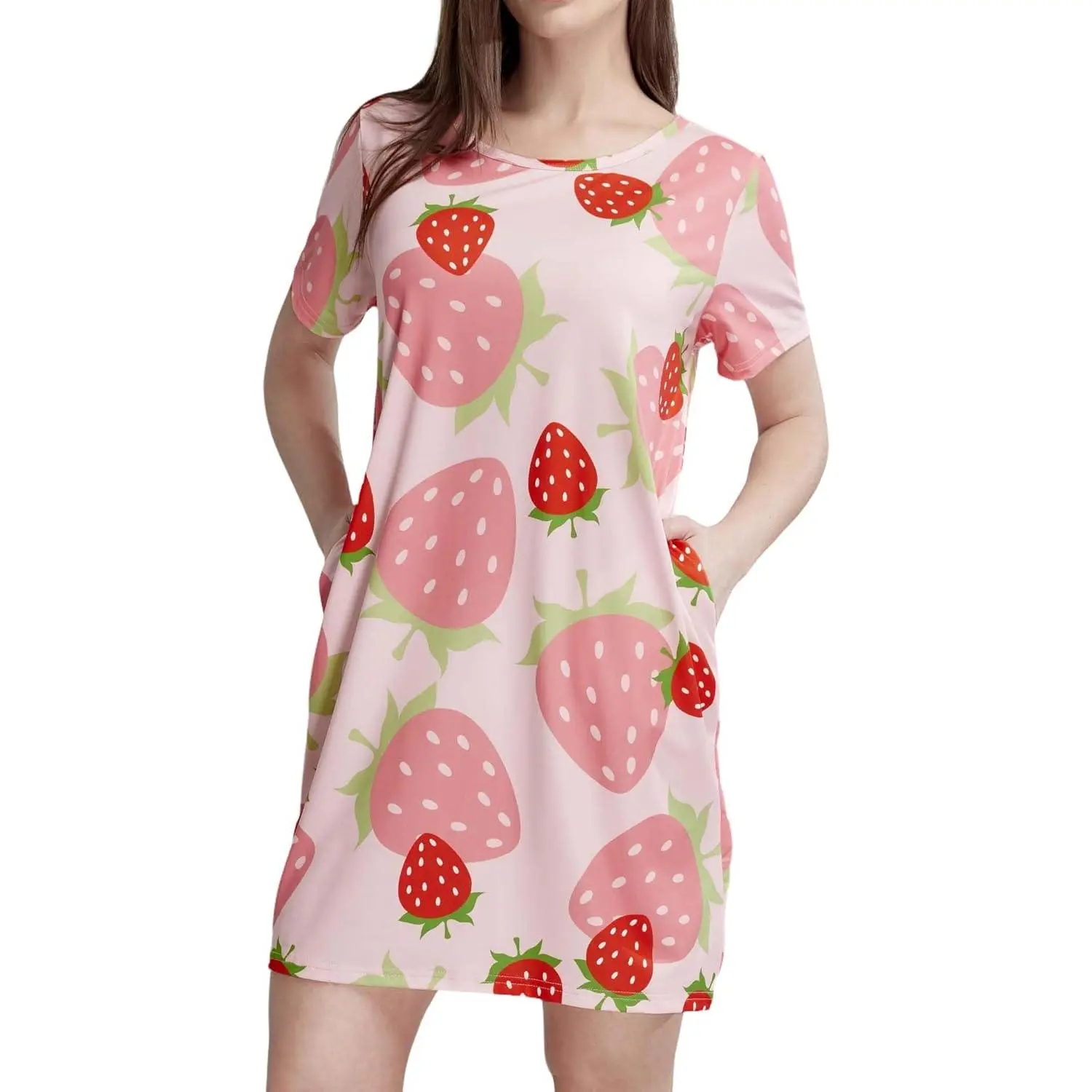 Lady's Comfy Large Loose-Fitting All Seasons Soft Short-Sleeve Round-Neck Printed Nightgown, Women's Sleepshirt & Loungewear Nightwear with Beige Stars Pattern & Pockets, Shortsleeve
