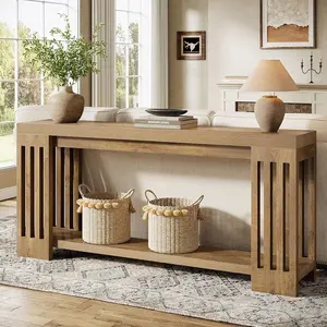 Tribesigns 70.9-Inch Farmhouse Console Table for Living Room, Hallway, Entrance - Vertical Stripe Legs, 2-Tier Design, Light Brown