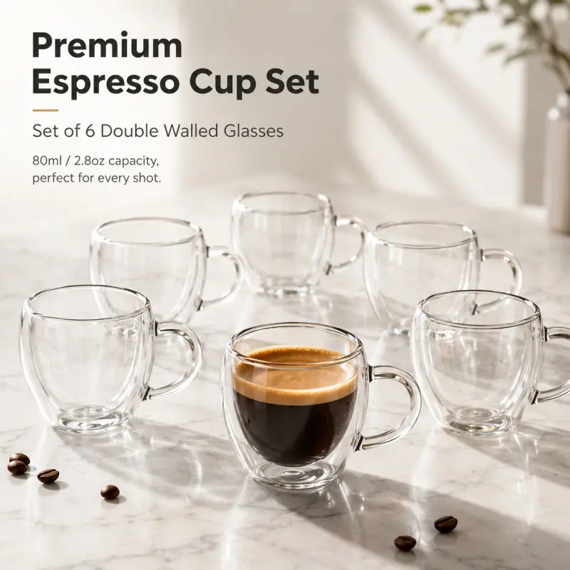6-Piece Set Double-Wall Glass Espresso Cups, 80ML Heat-Resistant Coffee Mugs with Handles, Transparent Cup Set for Home, Kitchen, Office, Mug Sets