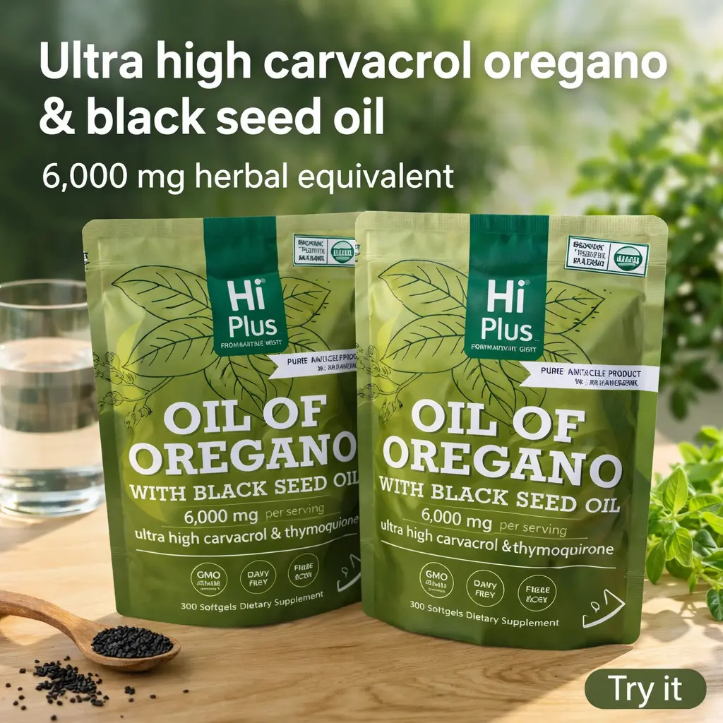 HiPlus 2-Pack Natural Healthcare Softgels, 6000mg Oregano & Black Seed Oil Capsules for Supplements, Non-GMO Immune & Allergy Support Antioxidants, Magnesium Supplement for Youth, 300 per Bag Resealable Pouch, Natural Health Supplements