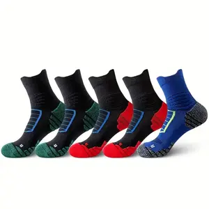 Adults' 5 Pairs Crew Cotton Nylon Athletic Running Socks, Universal Colorblock Sports Socks (Shoe Size 9-12), All Seasons Thick Anti-Slip Shock-Reducing Soles, Well-Wrapped Ankles for Injury Prevention, Arch Compression Support, Breathable Cushioning,summ