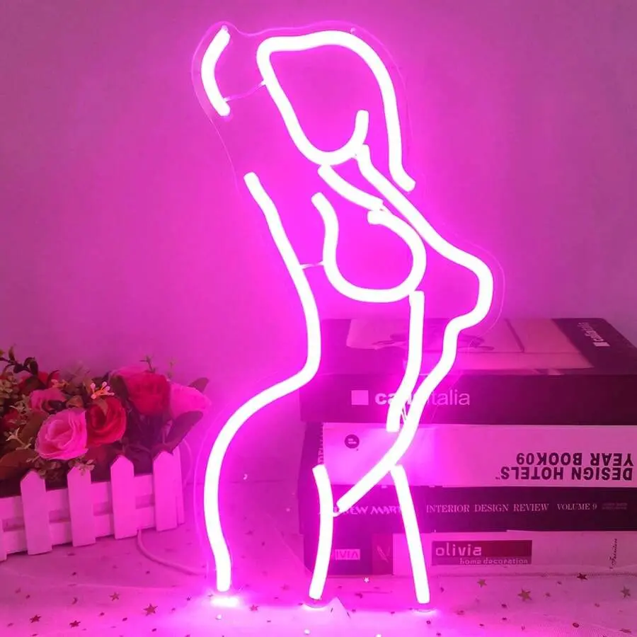 ROSNEK Hot Pink Feminine Acrylic-Silicone Dimmable LED Neon Sign - Adjustable Brightness Silhouette Wall Light, Flexible Neon Decorative Bedroom Lighting, Wall Mounted Anniversary Gift for Adults' Bars, Led Atmosphere Lights