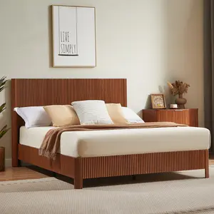 Eyisean Queen/King/Full Size Modern Wooden Bed Frame with Headboard & Curved Lines, Heavy Duty Fluted Bed Frame with 13 Metal Iron Support & Round Corner Design, Easy Assembly for Bedroom