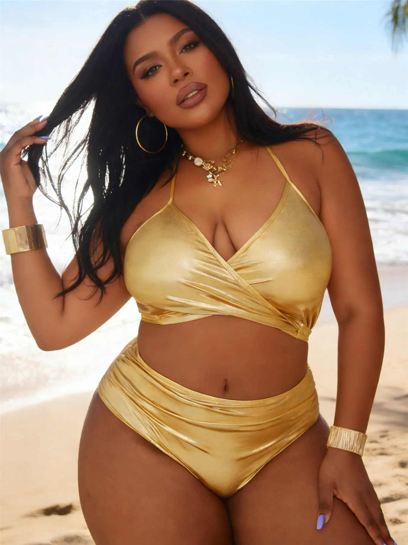 Women's Plus Size Bikini Set, Halter Bikini Set, Sexy Tie Front Design, Perfect for Beach, Pool, and Sea, New Arrival Swimwear, High Waisted Swimsuits, Swimsuit Summer