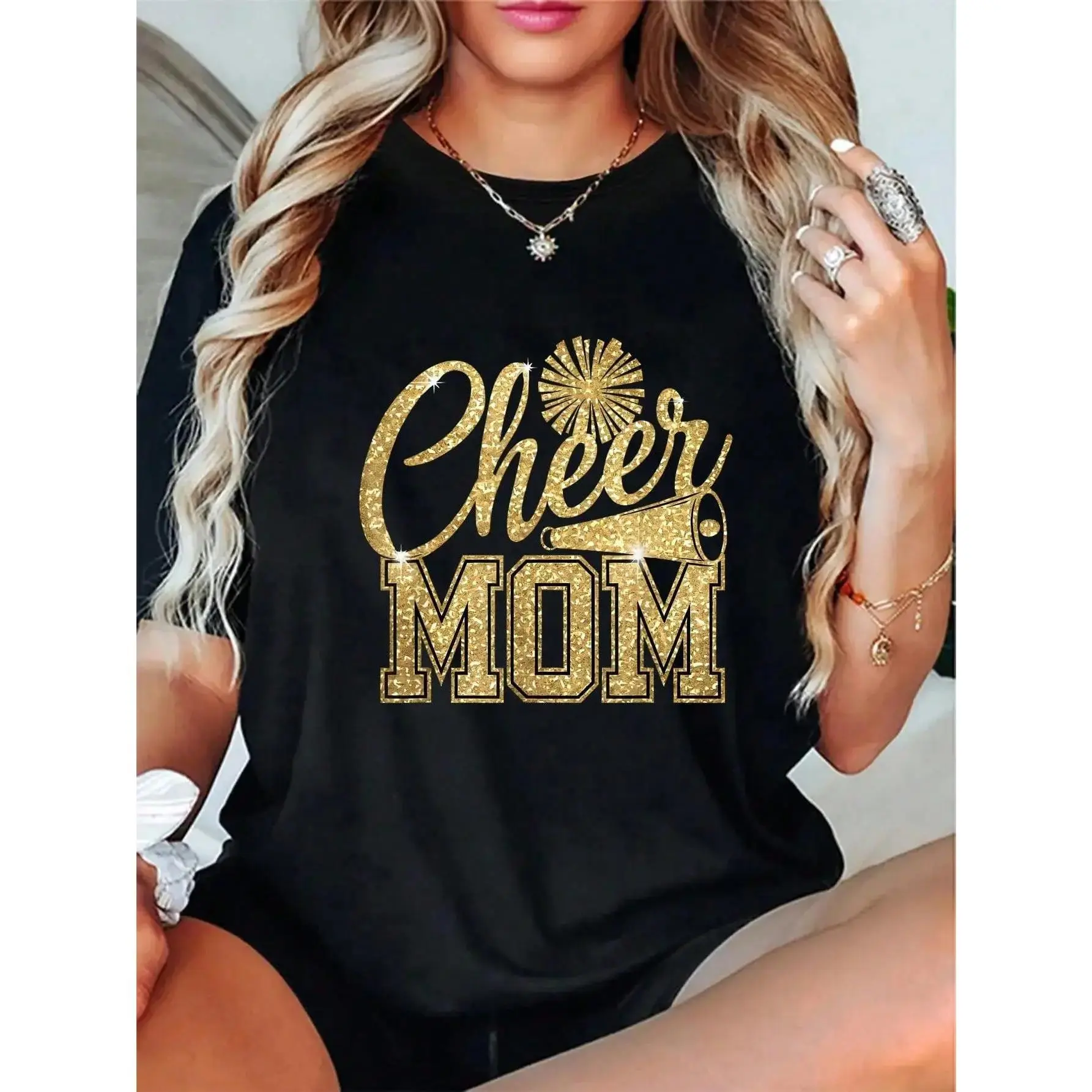 Women's Cheer Mom Casual Fit T-Shirt - 100% Cotton Short Sleeve, Round Neck, Vintage Distressed 'Biggest Fan' Graphic, Whimsical Streetwear, Wide Size Range, Large